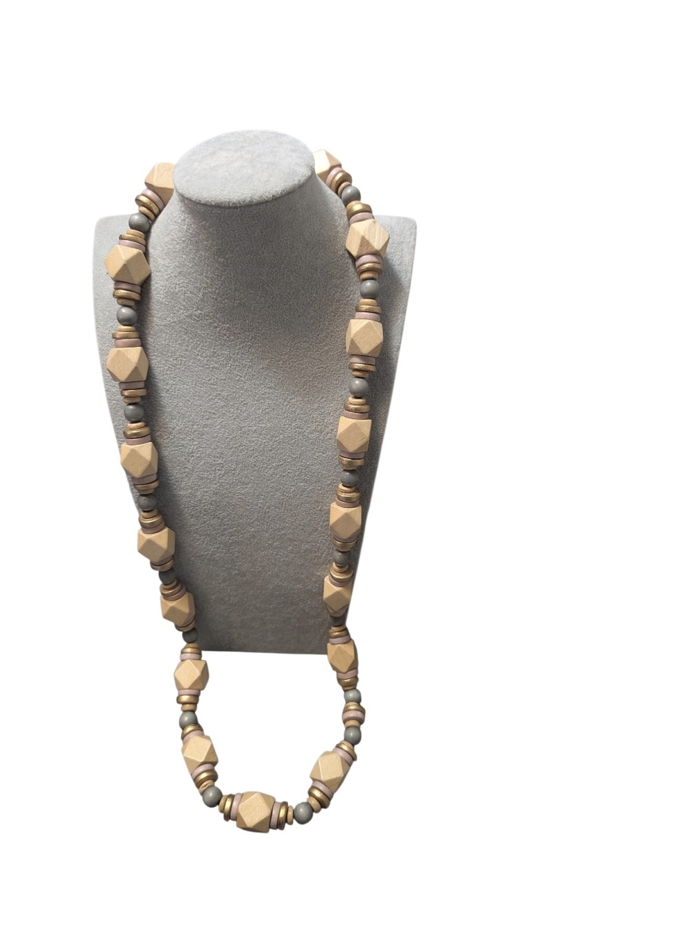 Wooden Geometric Bead Necklace - Beige